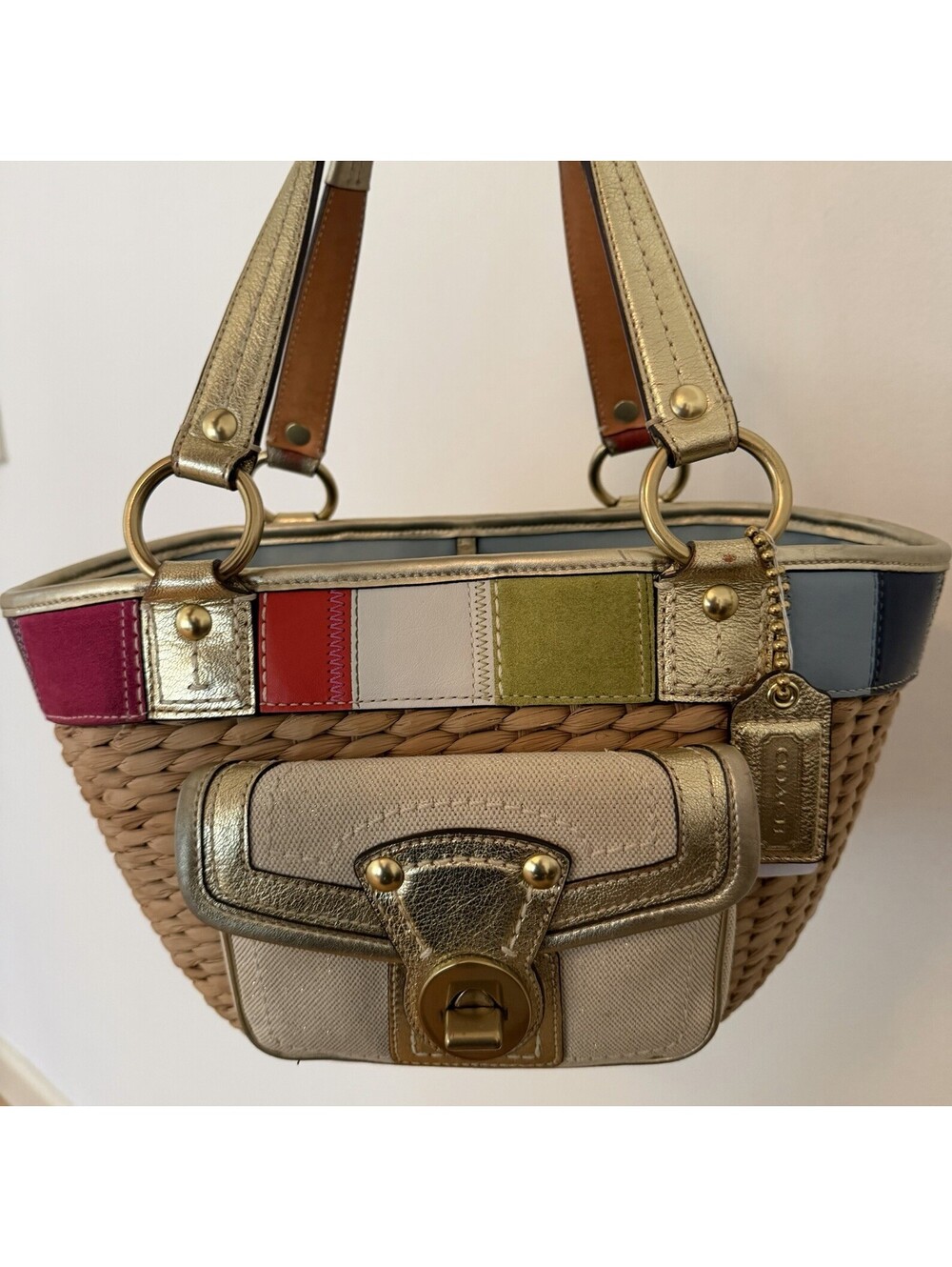 Coach Woven Tote Bag Medium Multicolor Colorblock Gold Turnlock w/ Charm